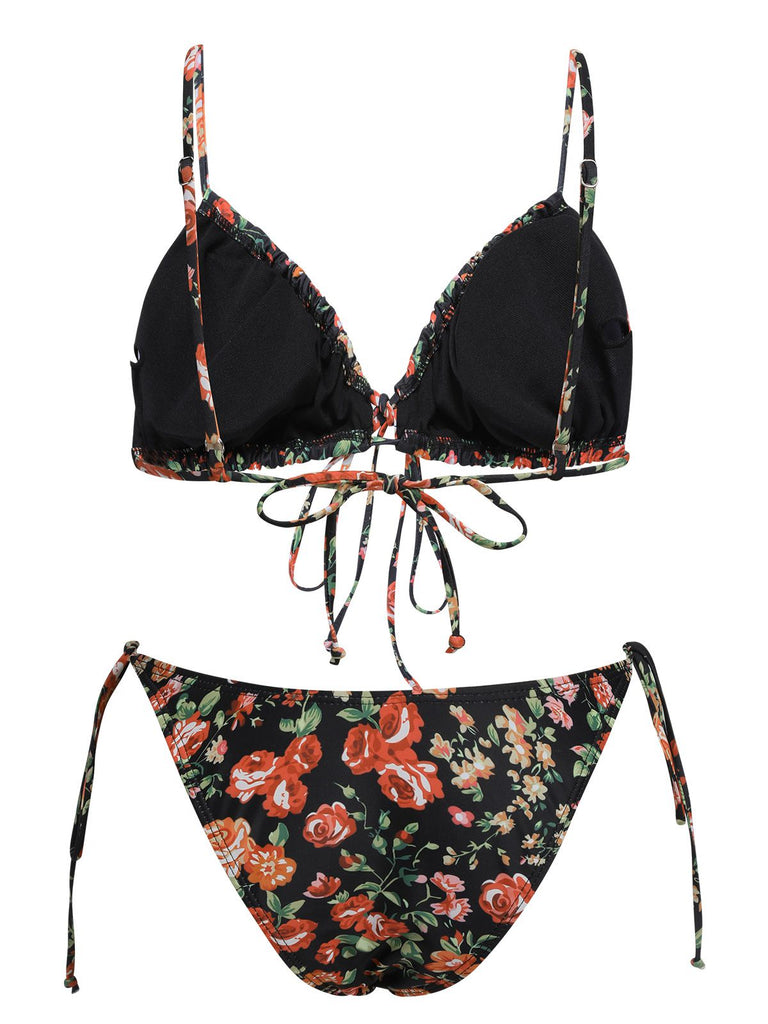 Set bikini floreale lacci con spalline sottili anni '50