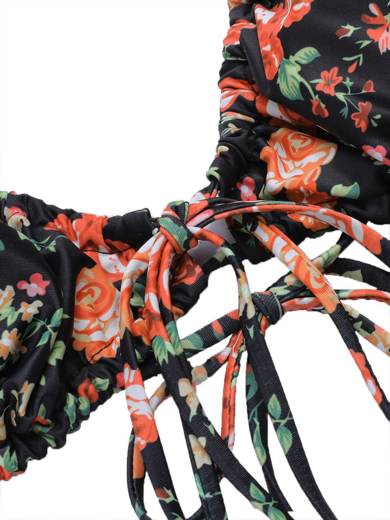 Set bikini floreale lacci con spalline sottili anni '50