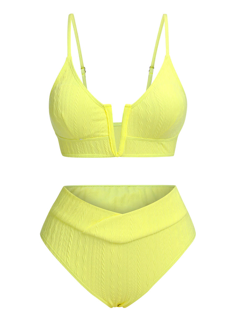 Set bikini in maglia spalline sottili tinta unita giallo anni '50