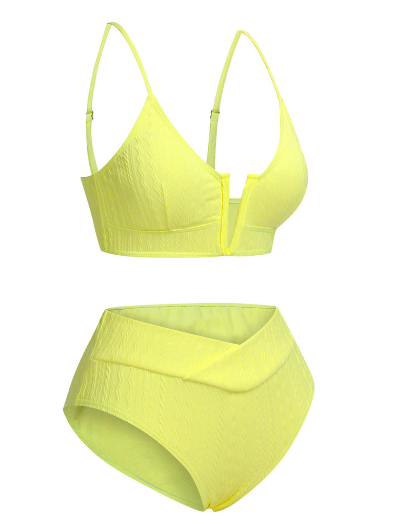 Set bikini in maglia spalline sottili tinta unita giallo anni '50