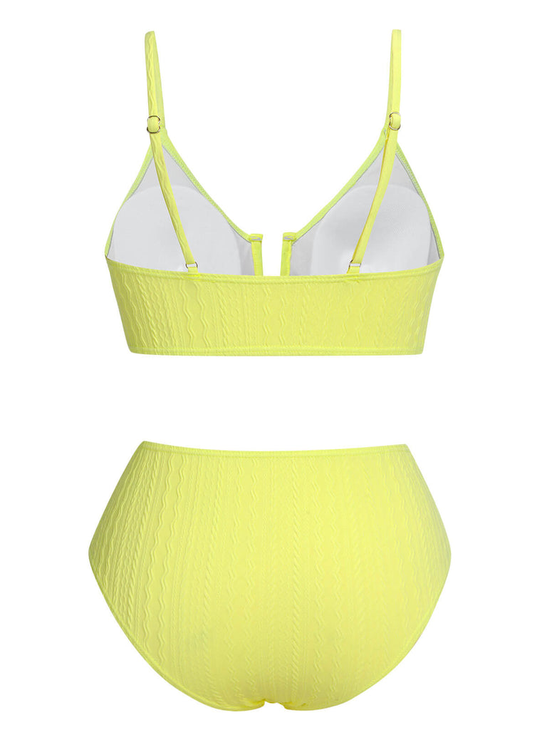 Set bikini in maglia spalline sottili tinta unita giallo anni '50