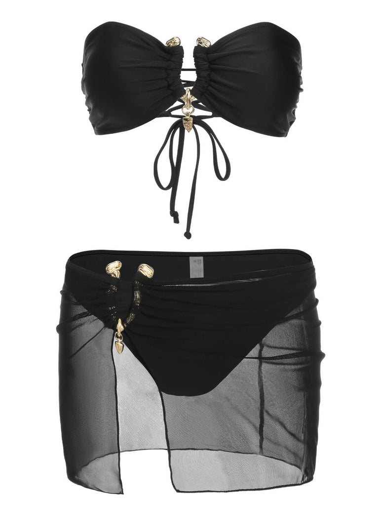 Set bikini a fascia con gonna nero anni '50