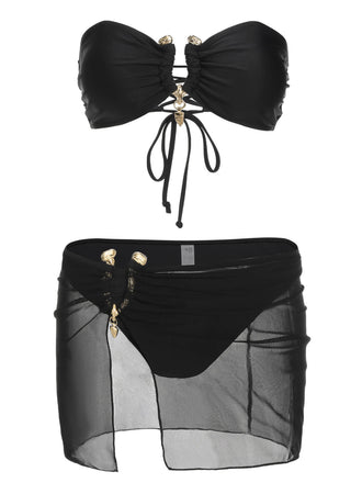 Set bikini a fascia con gonna nero anni '50