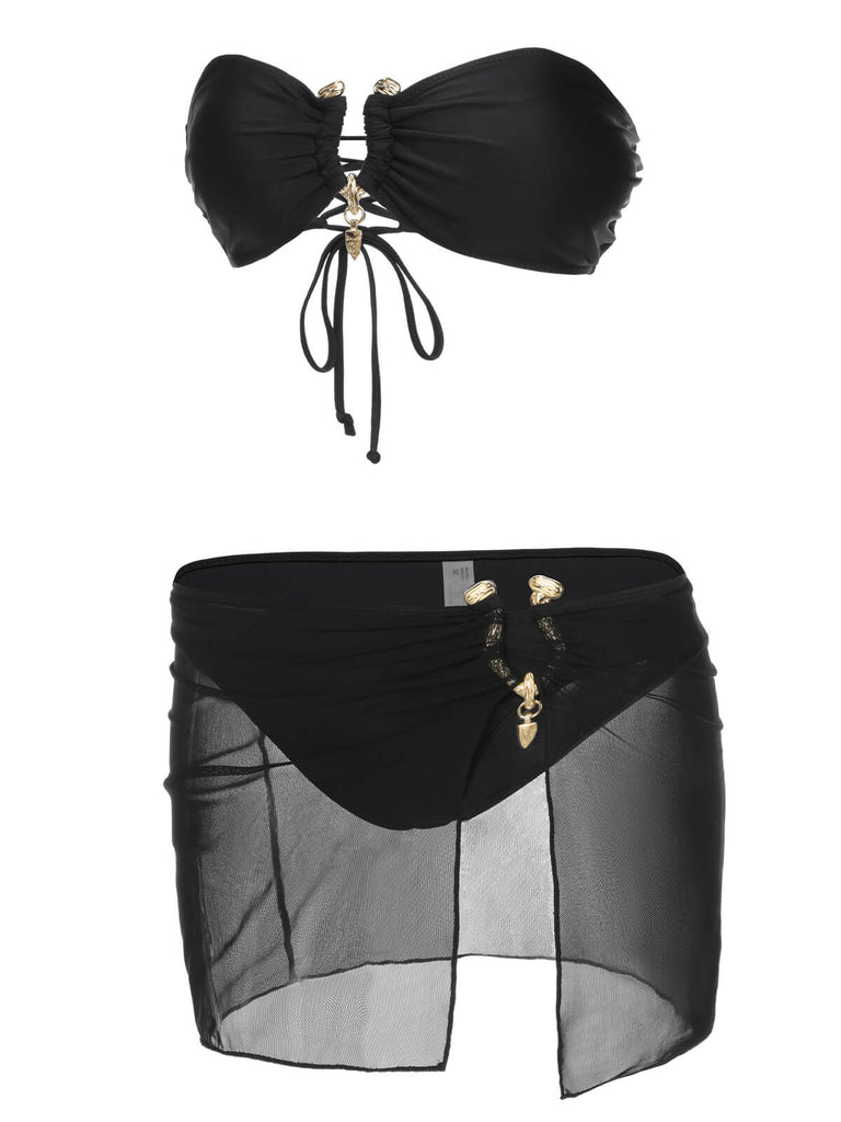 Set bikini a fascia con gonna nero anni '50