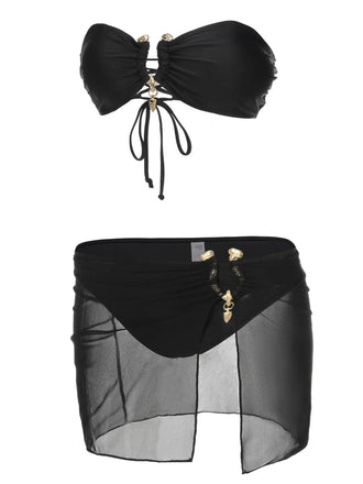 Set bikini a fascia con gonna nero anni '50