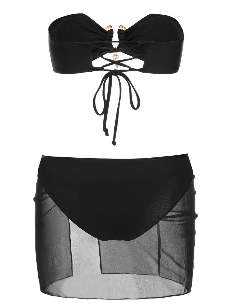 Set bikini a fascia con gonna nero anni '50