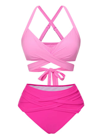 Set bikini tinta unita spalline sottili rosa anni '60