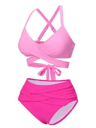 Set bikini tinta unita spalline sottili rosa anni '60