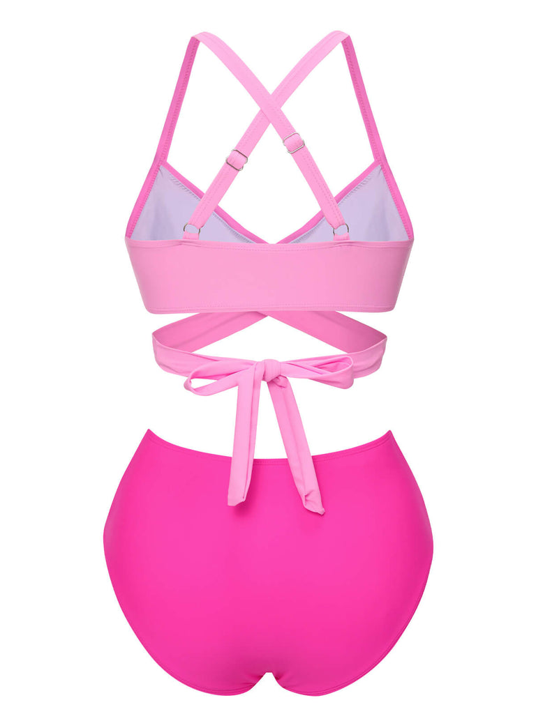 Set bikini tinta unita spalline sottili rosa anni '60