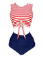 Costume da bagno patchwork a righe rosa e blu anni '70