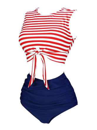 Costume da bagno patchwork a righe rosa e blu anni '70