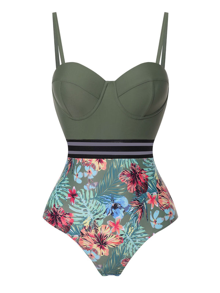 Costumi intero tropicali con spalline patchwork verde anni '70