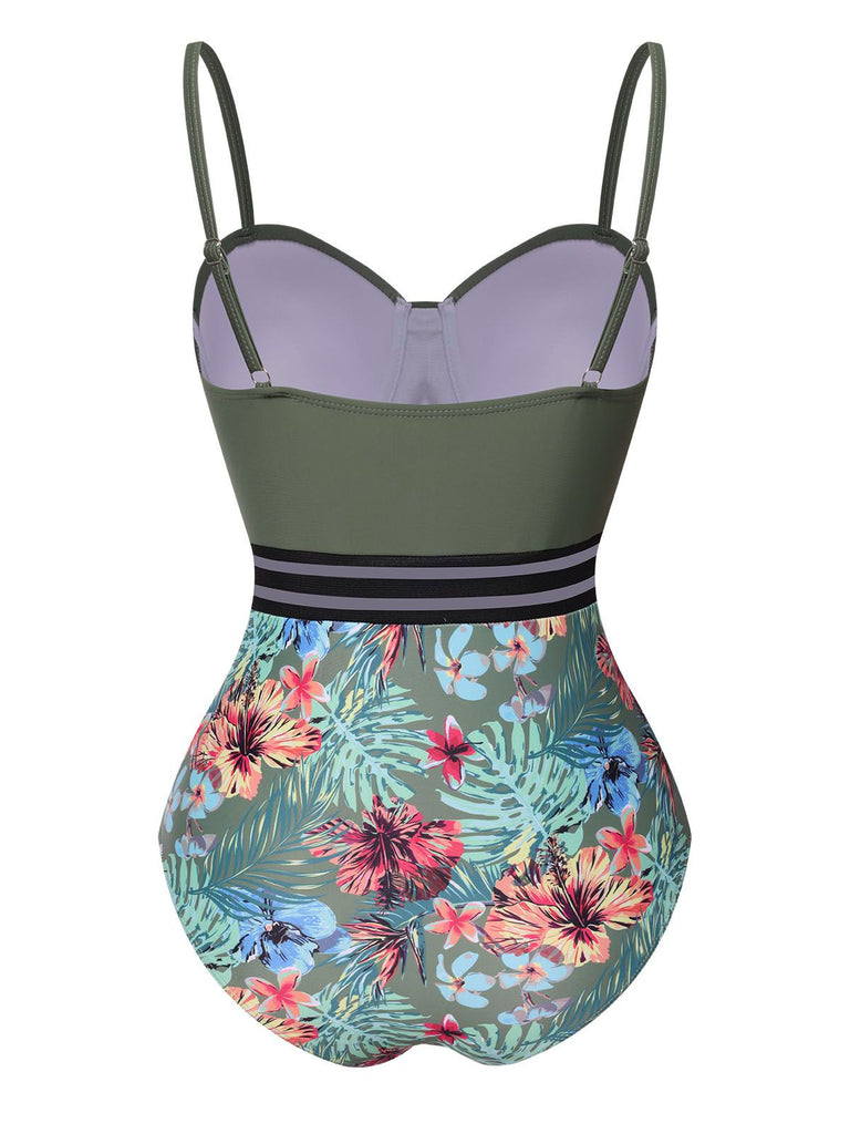 Costumi intero tropicali con spalline patchwork verde anni '70