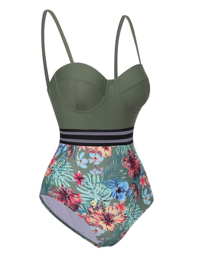 Costumi intero tropicali con spalline patchwork verde anni '70