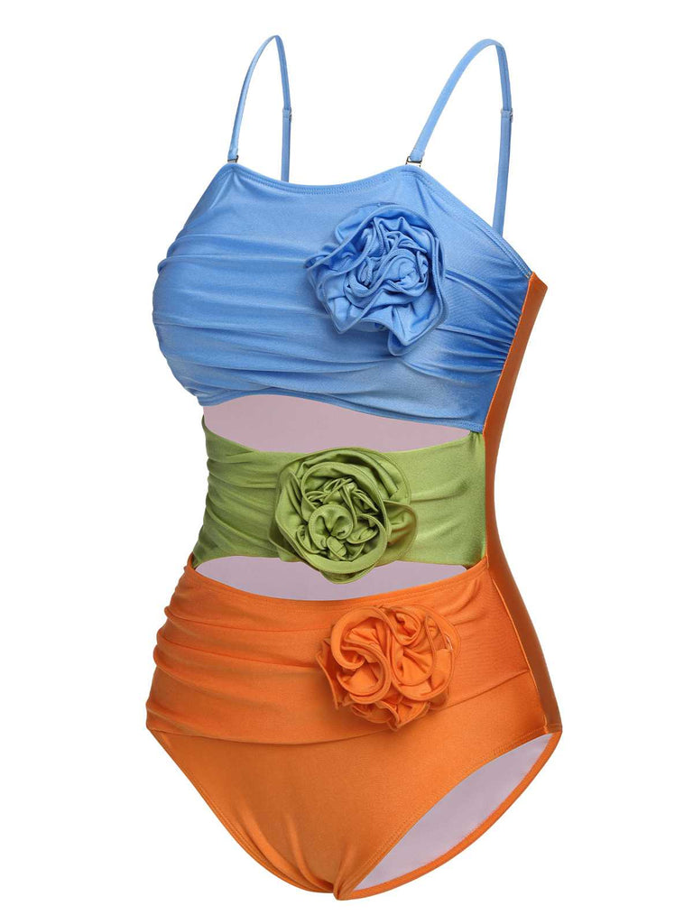 Costumi intero spalline sottili e fiori 3D a contrasto anni '30