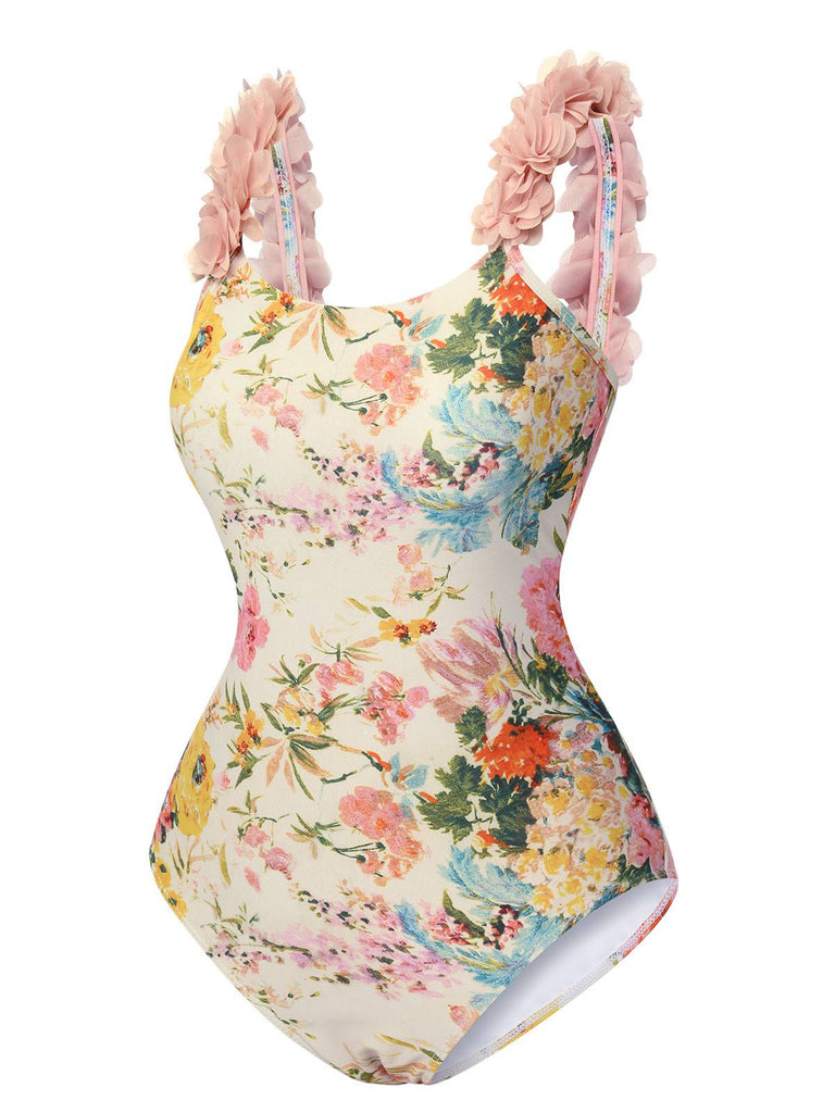 Costumi intero con fiori 3D spalline sottili anni '50