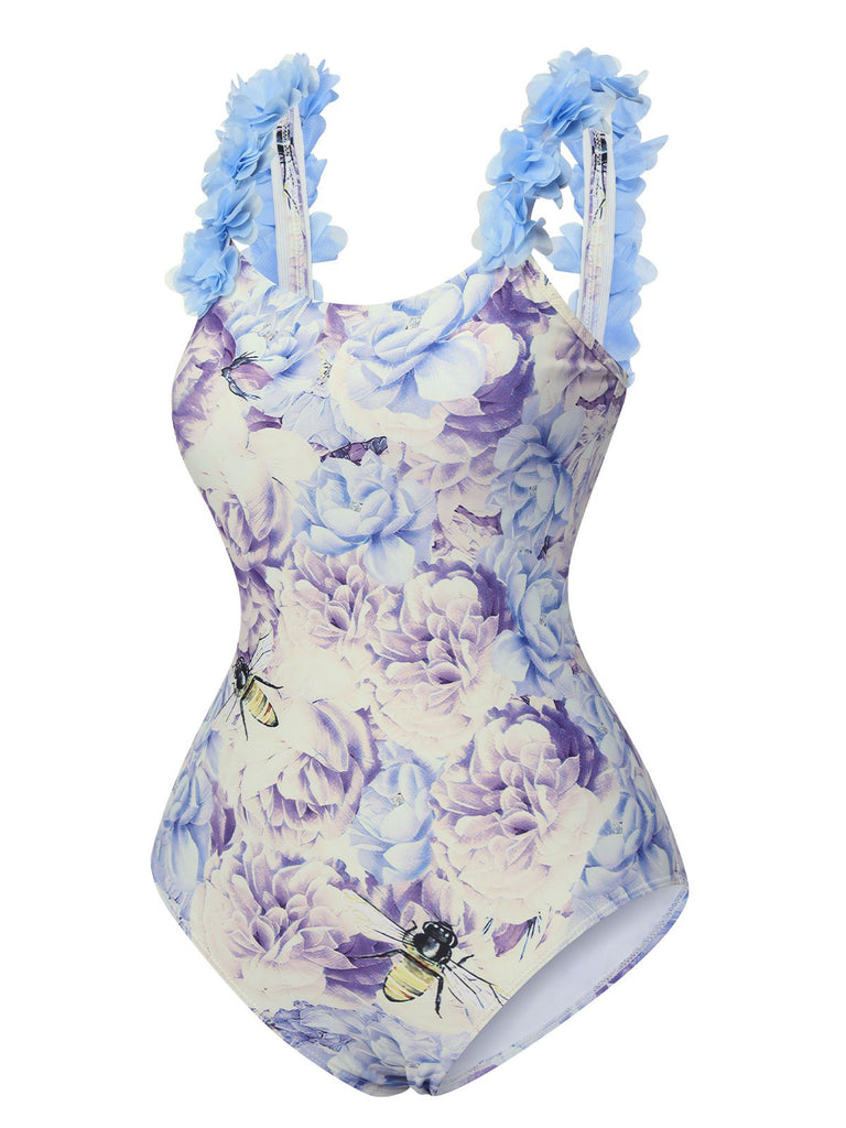 Costumi intero con fiori 3D spalline sottili anni '50