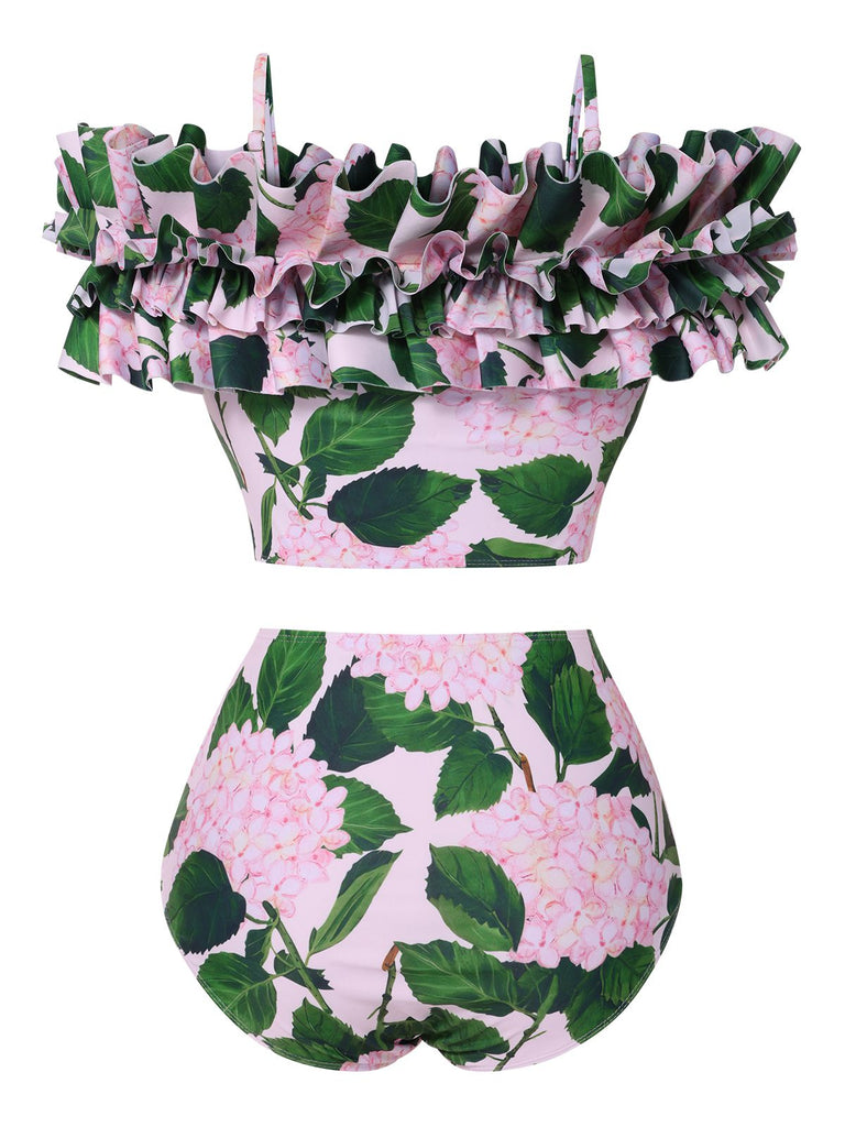Costumi floreale volant e spalle scoperte rosa anni '50