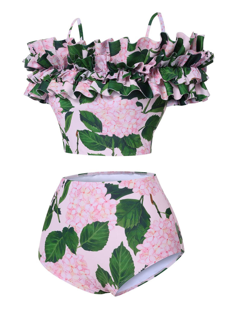Costumi floreale volant e spalle scoperte rosa anni '50