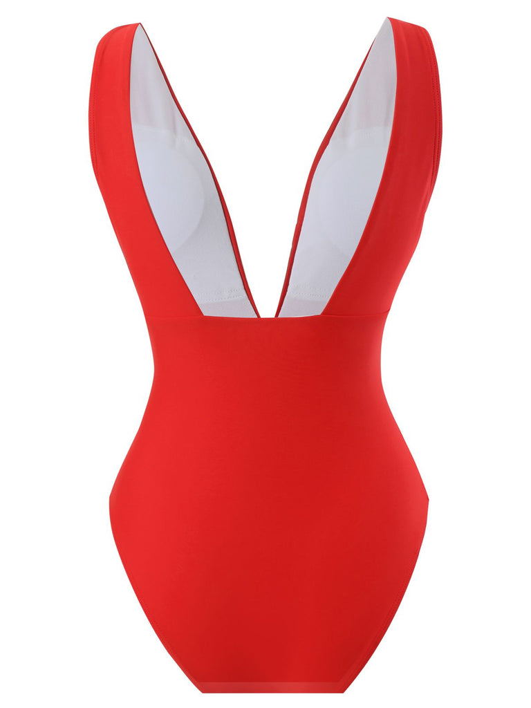 Costumi intero fiori 3D con schiena scoperta rosso anni '60
