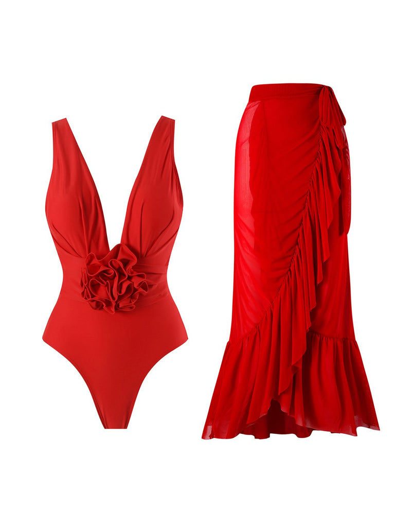 Costumi intero fiori 3D con schiena scoperta rosso anni '60