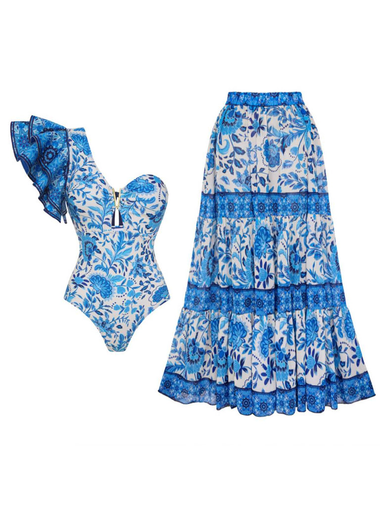 2PCS Costumi intero monospalla e copricostume blu anni '50
