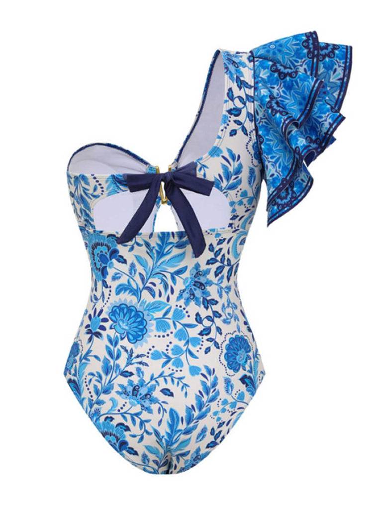 2PCS Costumi intero monospalla e copricostume blu anni '50