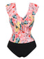 Set tankini con pianta tropicali e volant rosa anni '30