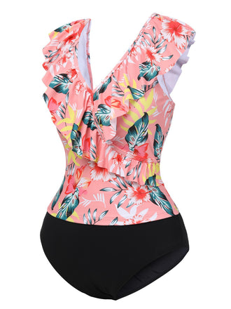 Set tankini con pianta tropicali e volant rosa anni '30
