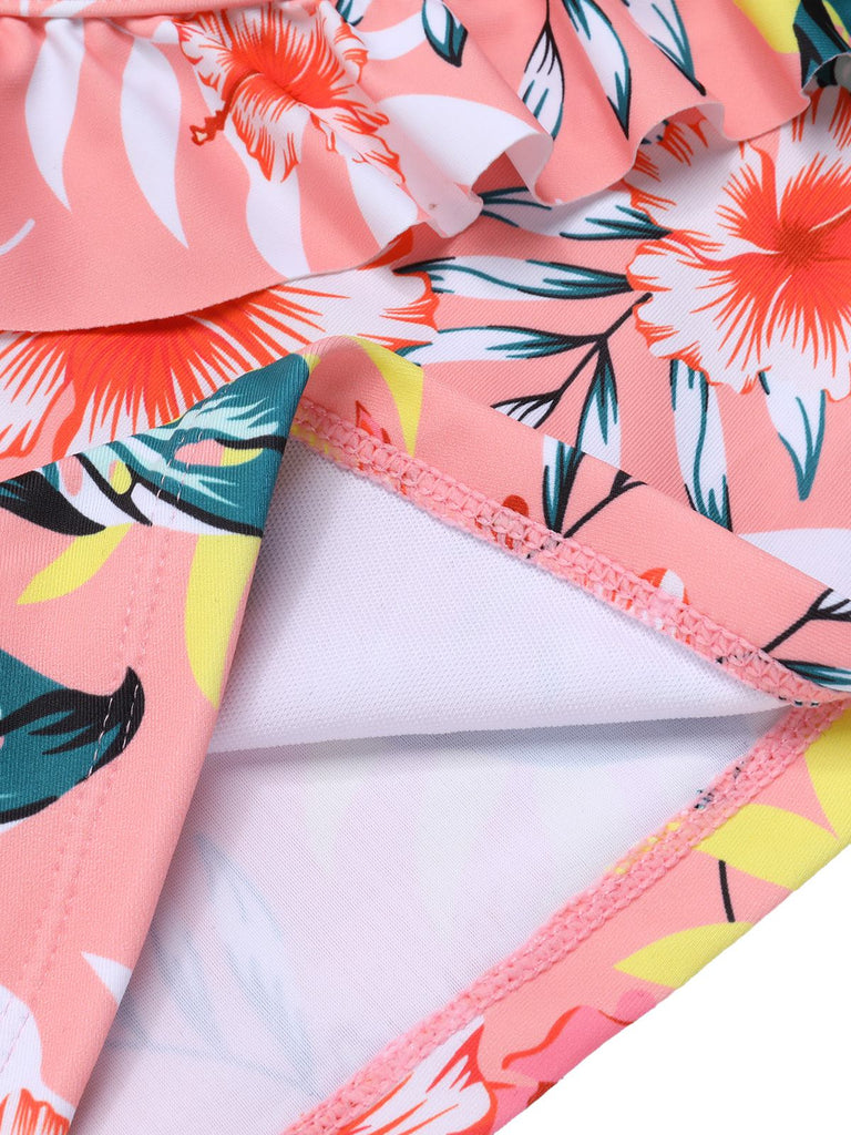 Set tankini con pianta tropicali e volant rosa anni '30