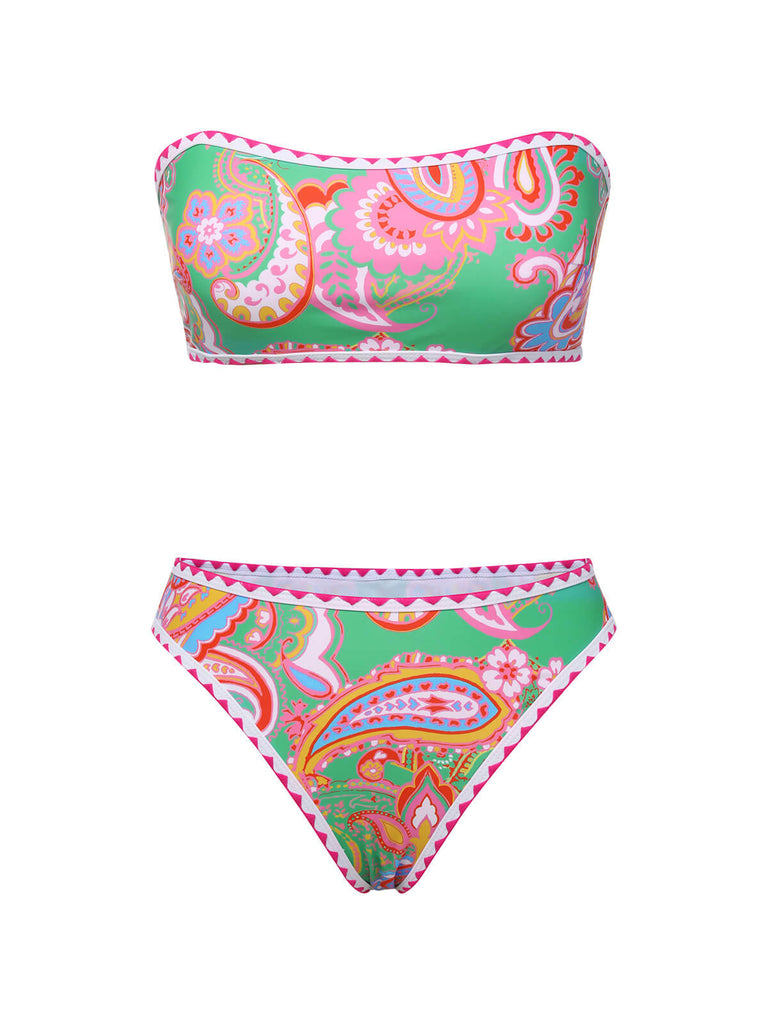 Set bikini stampa hippie a fascia verde anni '70