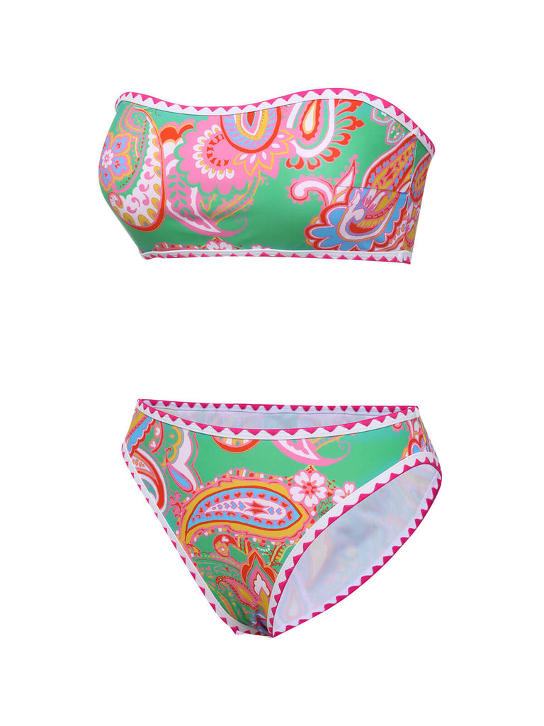 Set bikini stampa hippie a fascia verde anni '70