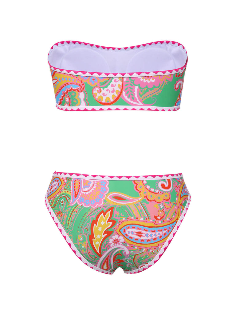 Set bikini stampa hippie a fascia verde anni '70