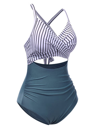 Costumi intero a righe cava patchwork blu anni '40