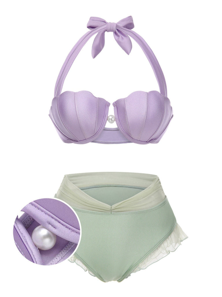 Bikini sirena conchiglia scollo all'americana lavanda anni '70