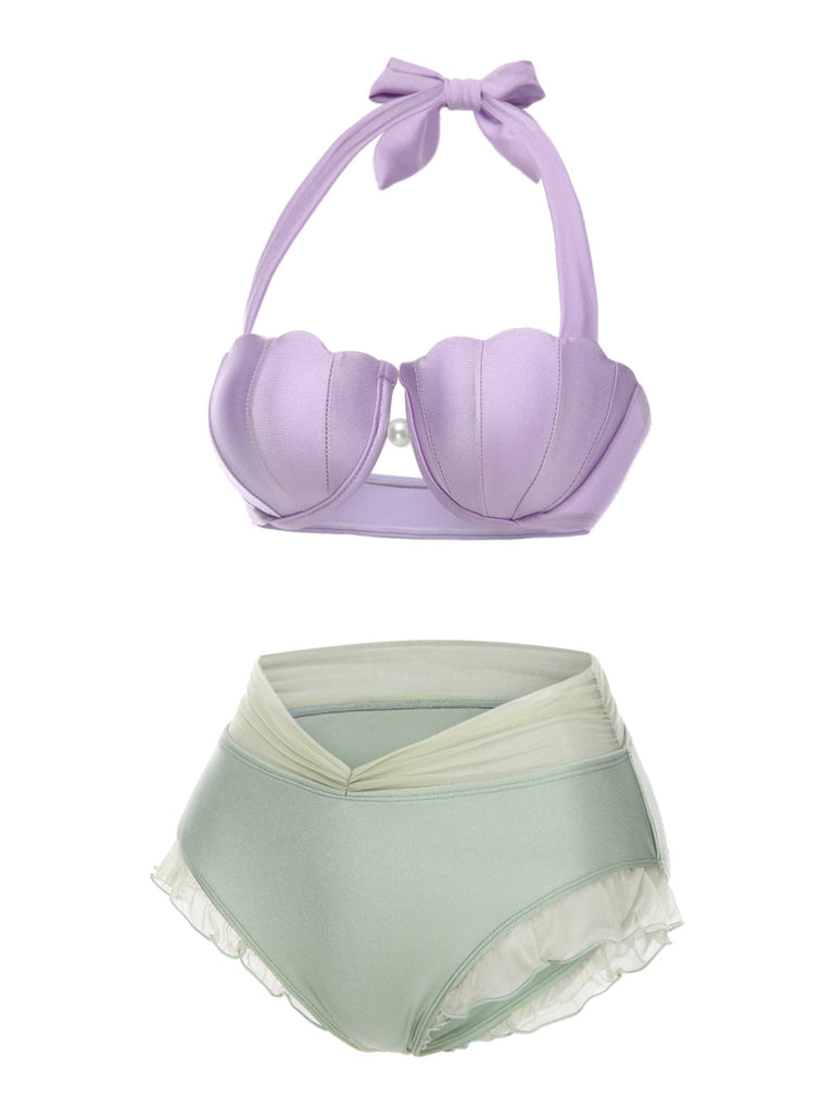 Bikini sirena conchiglia scollo all'americana lavanda anni '70