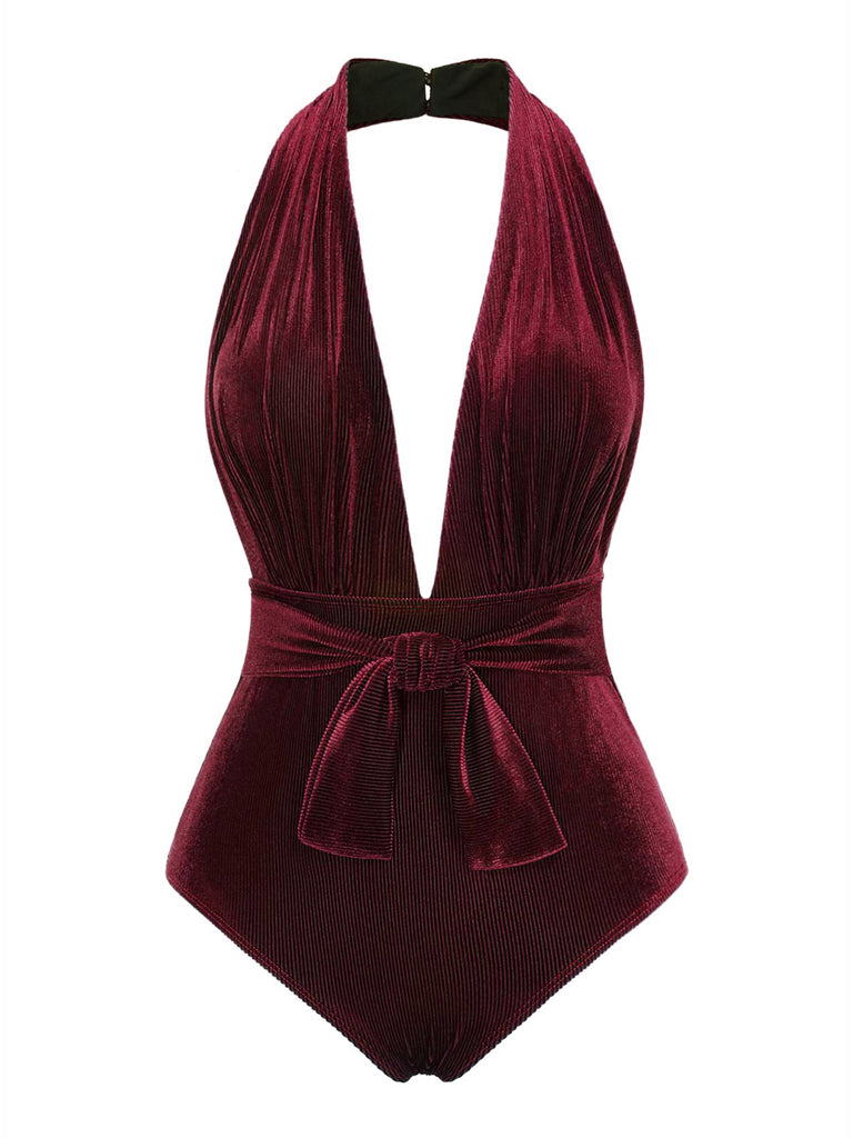 Costumi con scollo a V in velluto bordeaux anni '70