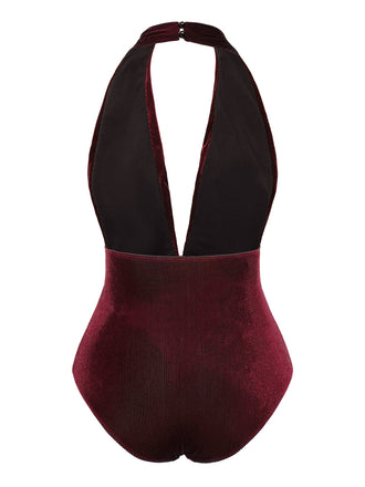 Costumi con scollo a V in velluto bordeaux anni '70