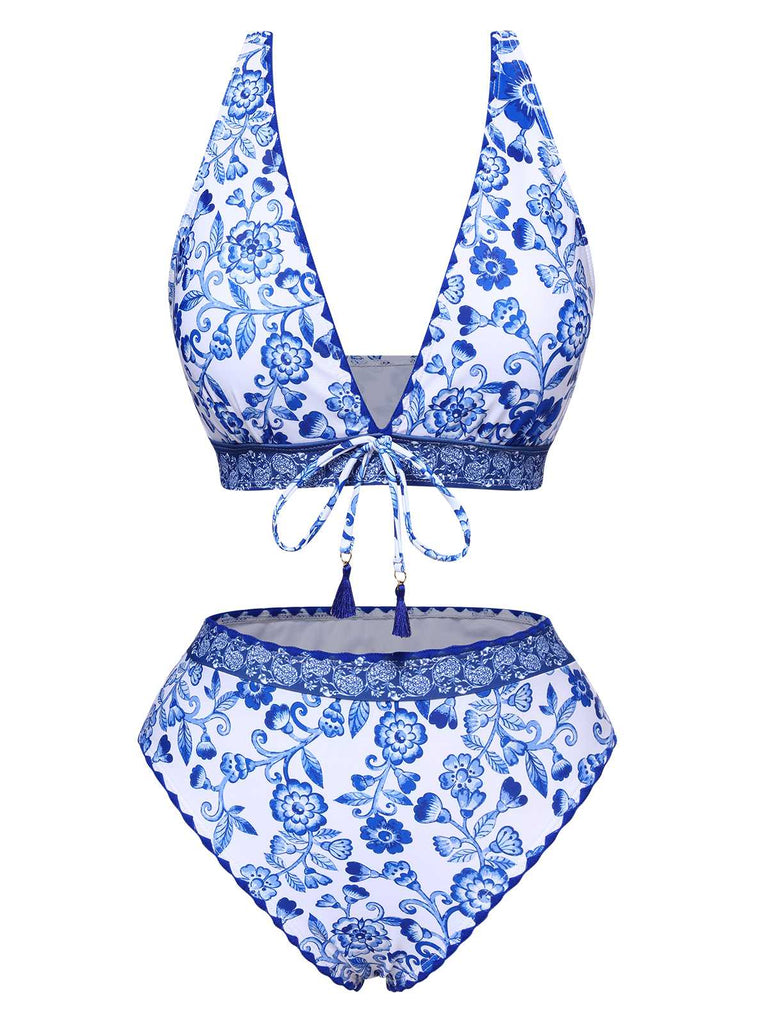 Costumi con stampa floreale a vita alta blu anni '70