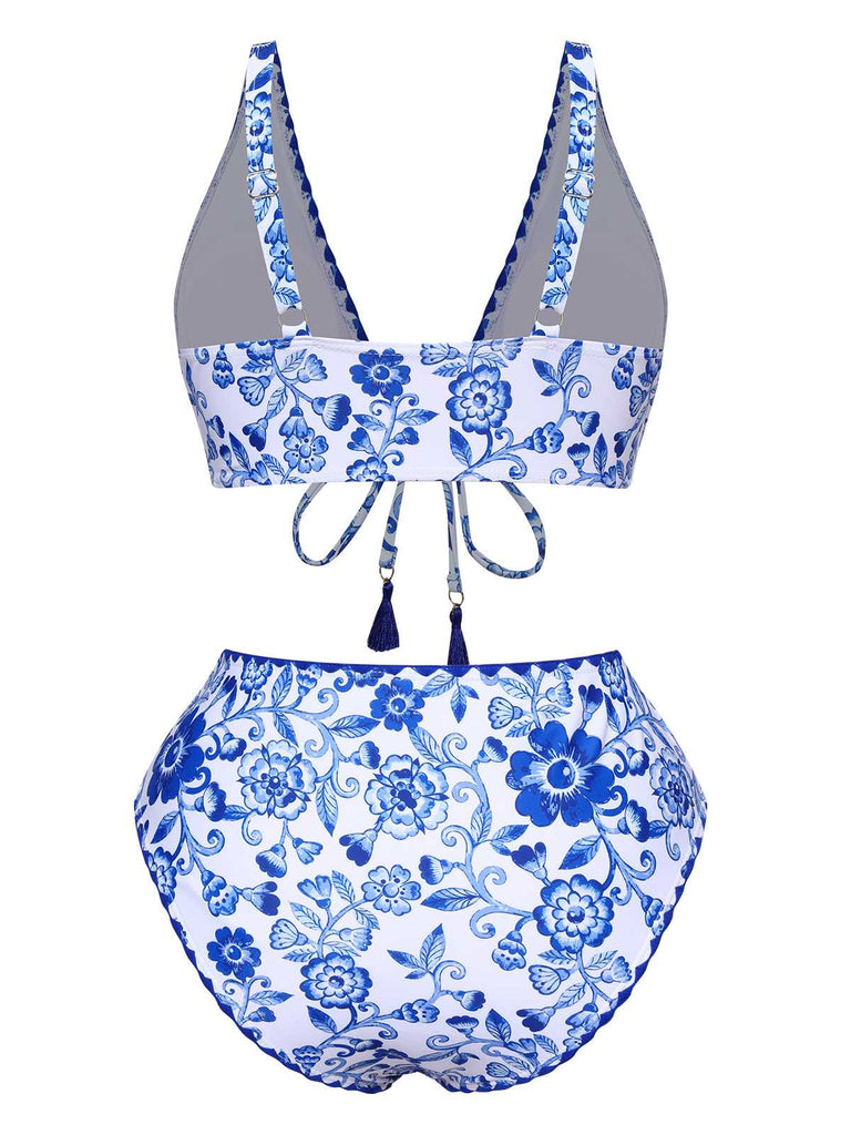 Costumi con stampa floreale a vita alta blu anni '70