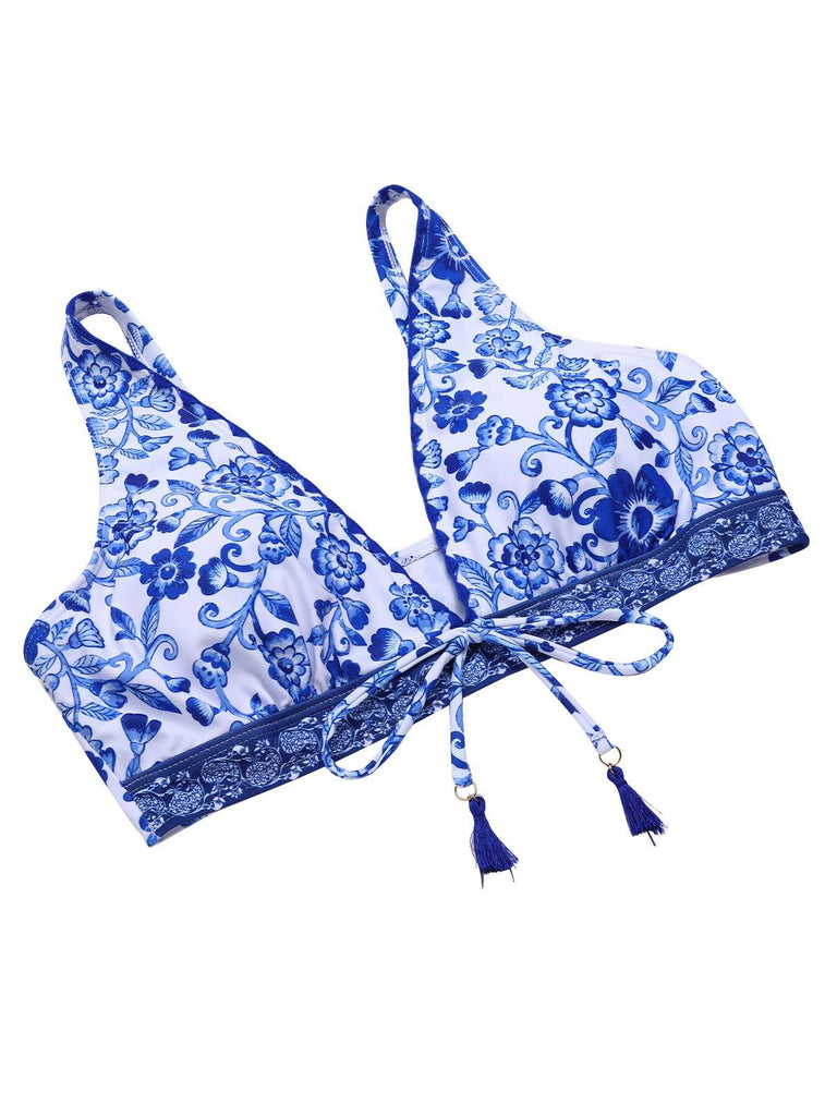 Costumi con stampa floreale a vita alta blu anni '70