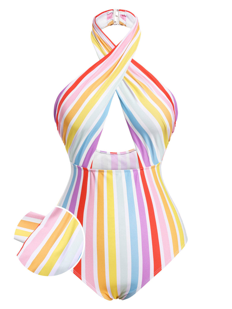 Costume da bagno intero a righe arcobaleno multicolore anni '60