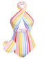 Costume da bagno intero a righe arcobaleno multicolore anni '60