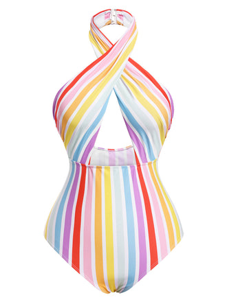 Costume da bagno intero a righe arcobaleno multicolore anni '60