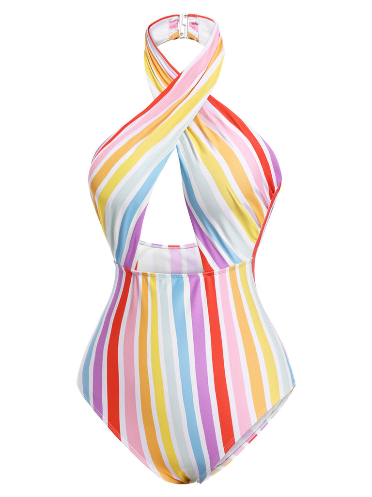 Costume da bagno intero a righe arcobaleno multicolore anni '60