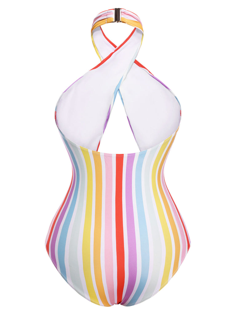 Costume da bagno intero a righe arcobaleno multicolore anni '60