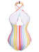 Costume da bagno intero a righe arcobaleno multicolore anni '60