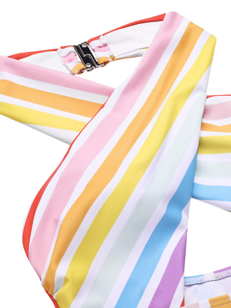 Costume da bagno intero a righe arcobaleno multicolore anni '60
