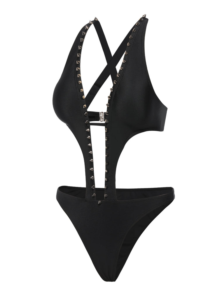 Costumi intero con borchie e cut-out nero anni '70