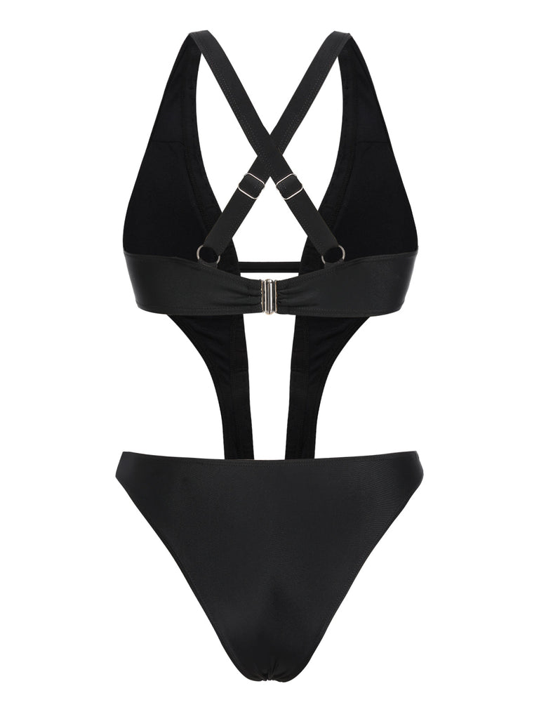 Costumi intero con borchie e cut-out nero anni '70